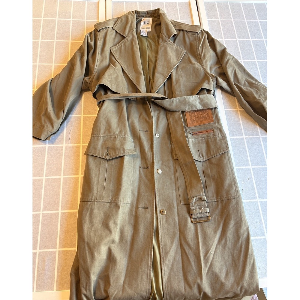 Vintage‎ Together Military Green Belted Long Cotton Trench Coat Women's Size 10